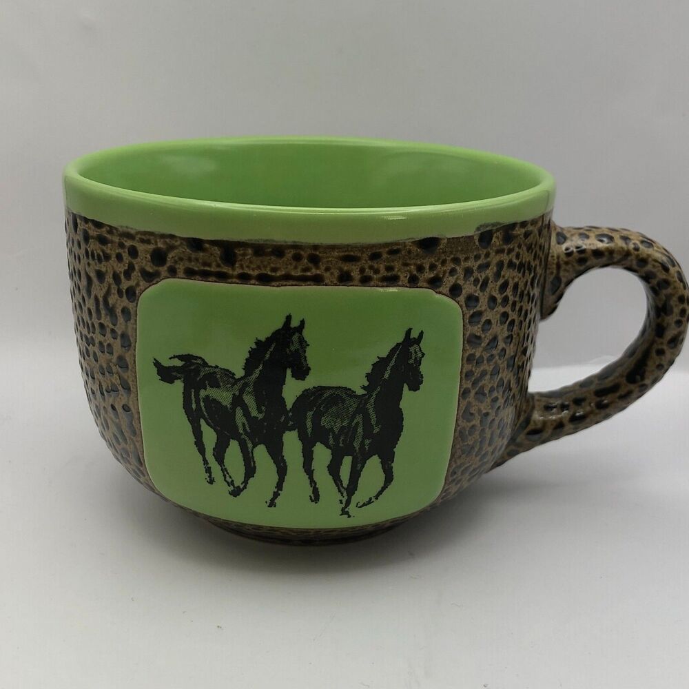 Always Azul Pottery Running Horse Coffee Tea Mug Green Brown Leopard Textured